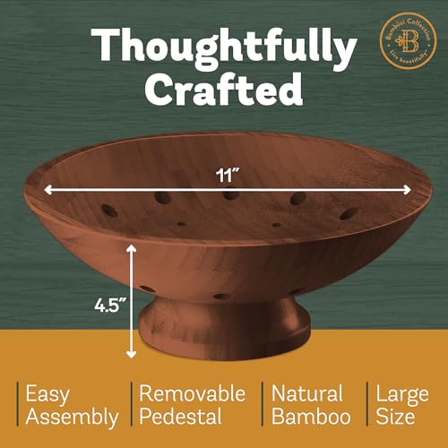 Fruit Bowl for Kitchen Counter - Brown Wooden Fruit Bowl, Latge Fruit Basket with Pedestal Base, Vented Bamboo Fruit Holder for Fruits, Vegetable Storage, Kitchen Countertop Organizer 11 x 4.5 Inches - color: Brown