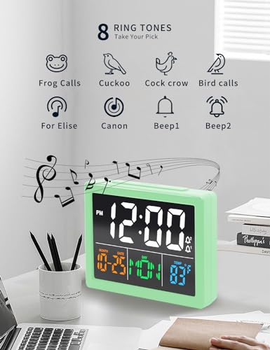 JALL Digital Clock with Date Day for Seniors, Electric Alarm Clocks for Bedrooms with Temperature, 2 Alarms, Dimmer, Dual USB Charger, Battery Backup, Volume Control, Snooze, Bedside Desk Clock, Green - color: Green