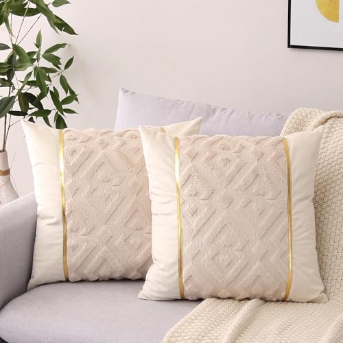 Decorative Pillow Cover 18 x 18 Inch Set of 2 Soft Plush Short Faux Wool Velvet Patchwork with Gold Leather Luxury Modern Cushion Cases for Couch Living Room Bedroom - color: Beige, size: 18" x 18" (Pack of 2)