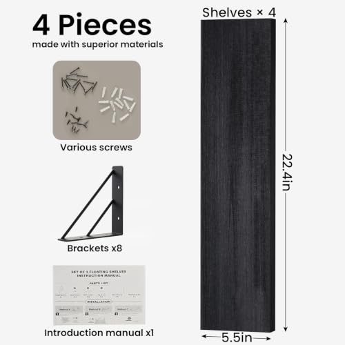 BAYKA 22.4 Inch Long Wall Mounted Floating Shelves (Black, Set of 4, 22.4") - color: A. Black Board & Black Brackets, size: 22.4 inches Uniform