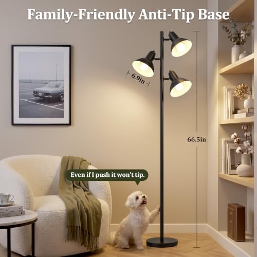 3 Light Floor Lamps for Living Room, 67" Tall Metal Modern Tree Floor Lamp - color: Black