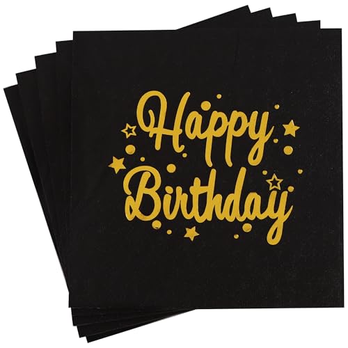 Vuzvuv 52 Pack Happy Birthday Cocktail Napkins Cursive Design - Birthday Party Dinner Hand Napkin with Gold Stampin for Party Supplies Decorations Table Decor(5" Folded 3 Ply- Black) - color: Handwrite Black