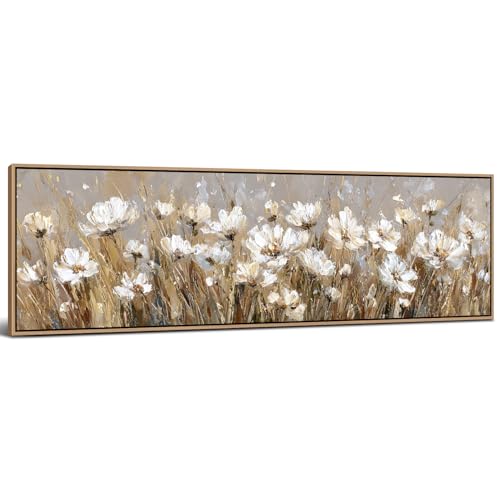 White Poppy Flower Wall Art Neutral Framed Abstract Floral Field Scenery Wall Decor for Living Room Bedroom Decorations Boho Farmhouse Botanical Plant Painting Canvas Prints Rustic Artwork 14x48” - color: Flower01