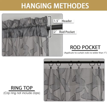 OWENIE Leyna Grey Sheer Curtain 24 Inch Length Cafe Curtains 2 Panels - color: Charcoal Gray, size: 28"W x 24"L (Pack of 2)