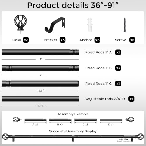 Black Curtain Rod 36-91 Inch, 1 Inch Curtain Rods for Windows - color: Black, size: 36"-91" (1 Pack)