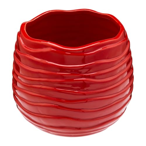 MyGift 5.5 Inch Modern Red Ceramic Wavy Planter Pot with Drainage Hole