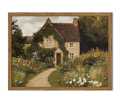 Vintage Cottage Core Wall Art, Farmhouse Landscape Wall Decor Painting Country House Artwork 3D Textured Hand Drawn Sandstone for Bedroom Living Room 12x16 inch Wood Framed - color: color house B, size: 16"L x 12"W