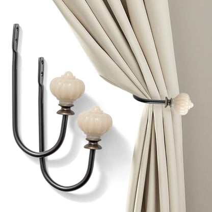 Curtain Pull Backs - 2pcs, Wall Mounted Drapery Tiebacks with White Pumpkin, Heavy Duty Metal Decorative Window Drapery Curtain Holder Curtain Hooks with Screws (White Pumpkin) - color: White Pumpkin