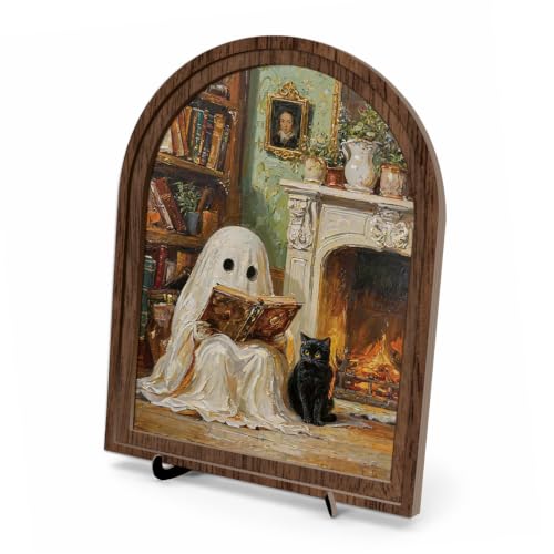 Vintage Reading Ghost Arched Wood Frame Decor, Black Cat Halloween Wall Art - color: Color 20