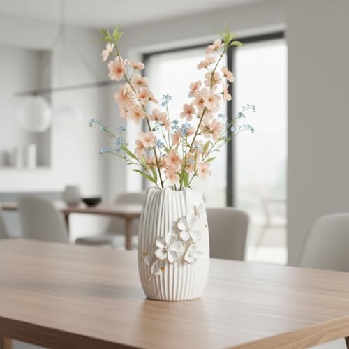 White Ceramic Vase,7 Inch Textured Modern Flower Vase - color: White, size: 7 inch