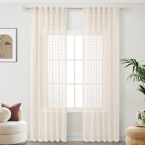 Beige Sheer Curtains 84 Inches Long for Bedroom Living Dining Room Cute Boho Pom Pom Window Curtain Warm Earth Tone Neutral Country Rustic Farmhouse Drapes Shabby Chic 2 Panels 84 Inch Length Back Tab - color: Beige, size: 52"W x 84"L (Pack of 2)