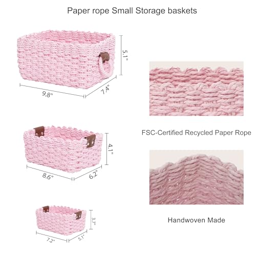 Woven Paper Rope Wicker Basket for Organizing(Set of 3,Pink) - color: Pink