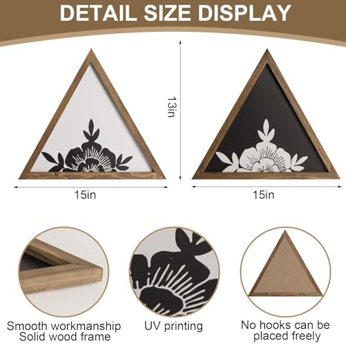 flangairy Floral Wall Decor Wooden Botanical Wall Art Framed Boho Wood Geometric Triangles Black White Bedroom Bathroom Room Home Decorations