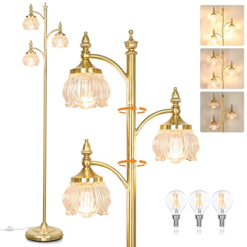 JUNNAI Floor Lamp Gold Glass Brass 66.5in Tall Standing Lamp for Living Room with 3 Brightness Lights Vintage Tree Flower Lamp for Bedroom Office(3LED Bulbs Included) - color: Gold-2