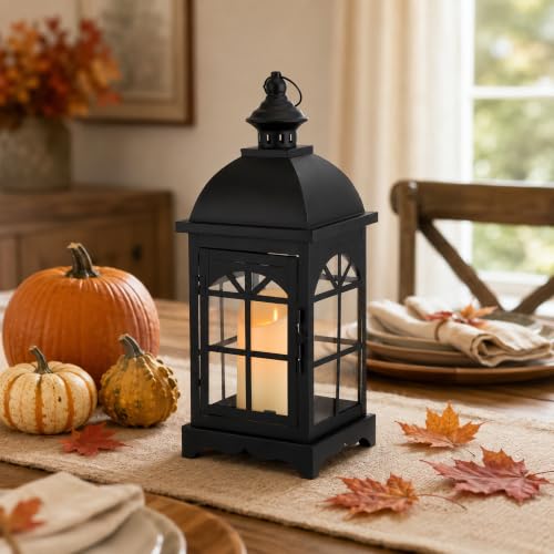 TRIROCKS Decorative Vintage Candle Lanterns 14.5" H Farmhouse Outdoor Hanging Lanterns with Tempered Glass for Porch, Balcony, Patio, Home, Centerpieces, Indoor, Outdoor(Black) - color: 14.5"h Black