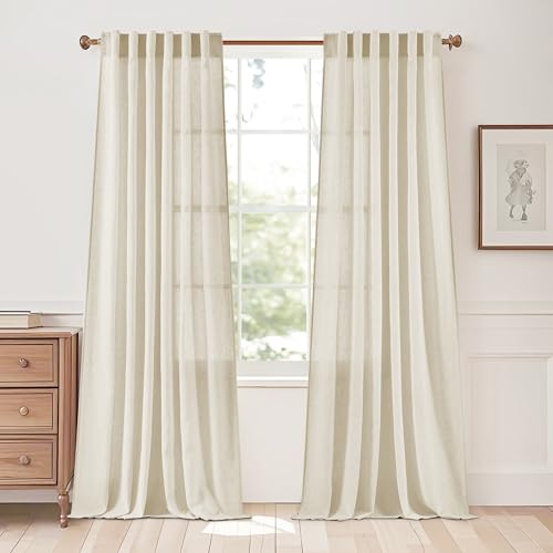 StangH Sheer Linen Curtains 84 inch Length 2 Panels Set, Natural Flax Linen Semi Sheer Curtains Soft Breathable Light Filtering Farmhouse Drapes for Living Room Sliding Door, W55 x L84