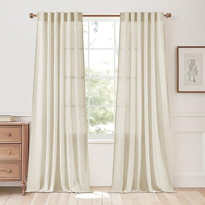 StangH Sheer Linen Curtains 84 inch Length 2 Panels Set, Natural Flax Linen Semi Sheer Curtains Soft Breathable Light Filtering Farmhouse Drapes for Living Room Sliding Door, W55 x L84