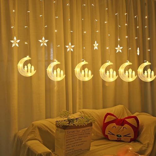 Dazzle Bright Moon Star and Fairy Tale Castle String Lights, 138 LED Muslim Curtain Fairy String Lights, 8 Lighting Modes for Home Holiday Ramadan Christmas Wedding Party Xmas Eid Decorations(USB) - size: Castle