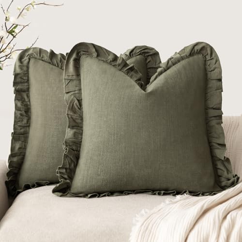 Foindtower Linen Fringe Ruffle Throw Pillow Covers 20×20 Inch Olive Green - color: Olive Green, size: 20" x 20" (Pack of 2)