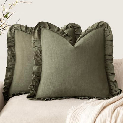 Foindtower Linen Fringe Ruffle Throw Pillow Covers 20×20 Inch Olive Green - color: Olive Green, size: 20" x 20" (Pack of 2)