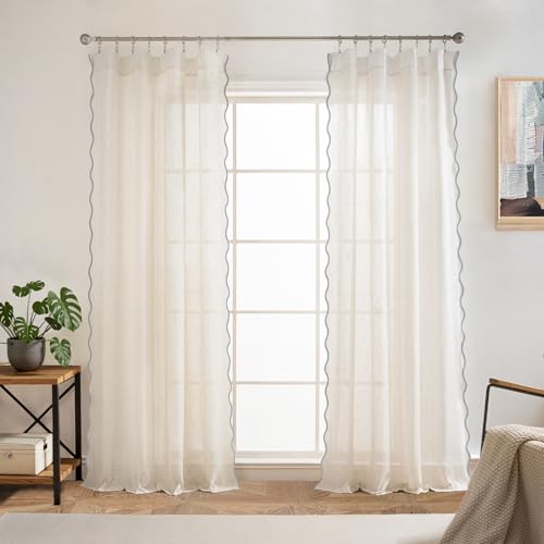 DriftAway Semi Sheer Scalloped Edge Linen Coastal Beach Window Curtains for Living Room Bedroom 2 Panels Rod Pocket Each Size 52 Inch by 84 Inch Gray - color: Linen Gray, size: 52"W x 84"L (Pack of 2)
