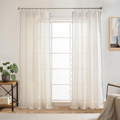 DriftAway Semi Sheer Scalloped Edge Linen Coastal Beach Window Curtains for Living Room Bedroom 2 Panels Rod Pocket Each Size 52 Inch by 84 Inch Gray - color: Linen Gray, size: 52"W x 84"L (Pack of 2)