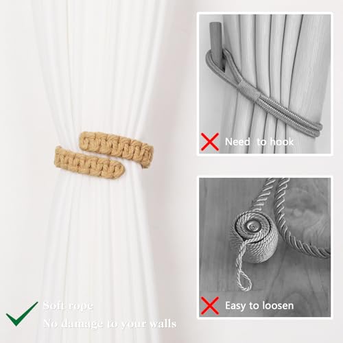 NICEEC 2 Pack Natural Cotton Rope Curtain Tiebacks Farmhouse Rustic Style Decorative Drape Tie Backs Handmade Braided Curtain Holdbacks for Home & Office Sheer/Light Weight Drapery (C-Khaki-L) - color: Khaki-large, size: 2 Pack