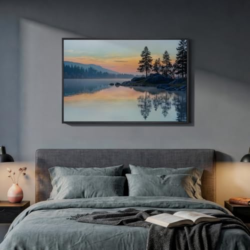 Framed Sunset Mountain Lake Landscape Wall Art for Living Room, 24x36 Inch - color: Red Blue, size: 36"L x 24"W