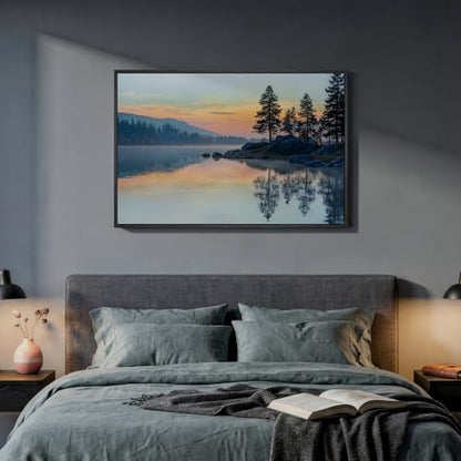 Framed Sunset Mountain Lake Landscape Wall Art for Living Room, 24x36 Inch - color: Red Blue, size: 36"L x 24"W