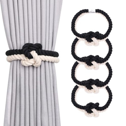 NICEEC Cotton Rope Magnetic Curtain Tiebacks, 4 Pack, Black & Beige - color: Black & Beige, size: 4 Pack