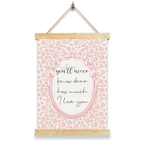 Pink Flower Bow Nursery Wall Art, You'Ll Never Know Dear How Much I Love You Canvas Poster, Girl Room Kids Bedroom Playroom Home Decor, Baby Room Decorations - color: pink