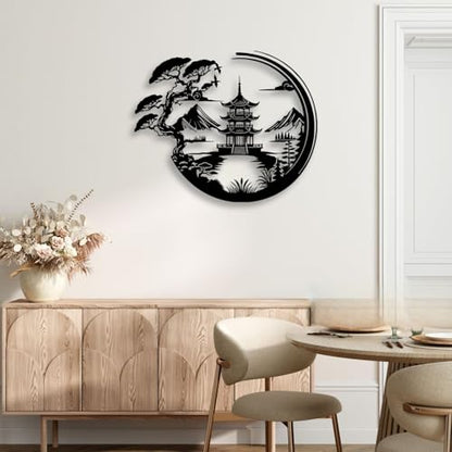 LIYOUYA Bonsai Tree Torii Gate Metal Wall Decor - Japanese Style Room Decor Black Wall Art Home Decor for Living Room, Bedroom, Dining Room (Black)