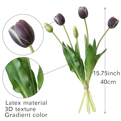 DUYONE 40Pcs Artificial Tulips Flowers, Soft Touch Realistic Latex Tulips Bouquet for Home Office Wedding Party Garden Decor, Fake Flowers for Dining Table Living Room Spring-B 40pcs,Dark Plum Set - color: B Style-40pcs Dark Plum Set(no Vase)