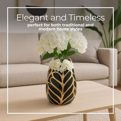 Contemporary Ceramic Flower Pot Vase for Bathroom, 8", Black & Gold