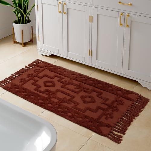 Uphome Boho Bathroom Runner Rug 2' x 4.3', Washable Woven Cotton Bedroom Runners, Terracotta Aesthetic Tufted Entryway Runner Rugs, Bohemian Tribal Throw Rug for Bedside Living Room Laundry Kitchen - color: Terracotta, size: 2' x 4.3' (Runner)