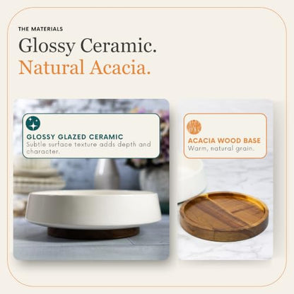 Occasionals Ceramic Decorative Bowl with Acacia Wood Base, 10 Inch White
