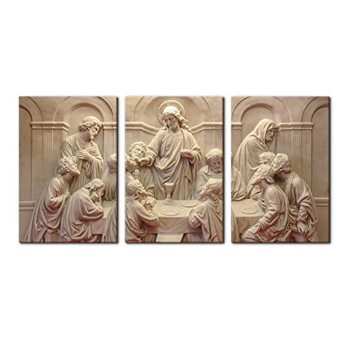3 Pieces Canvas Wall Art Picture The Last Supper Sculpture Style Paintings on Canvas 12 Apostles Modern Artwork for Home Decor Framed Gallery-wrapped Stretched Ready to Hang - 16"x24"x3 Panels - color: Wallart-09, size: 16" x 24" x 3 Panels