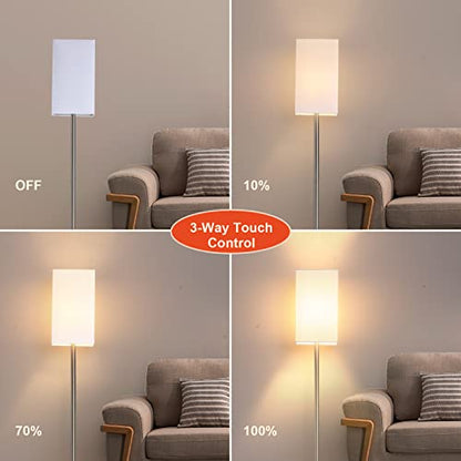 Modern Floor Lamp for Living Room, Tall Black Floor Lamp with Square Linen Shade, Pull Chain Switch and Stable Metal Base, Standing Lamp for Bedroom, Reading Nook and Office, Bulb Included