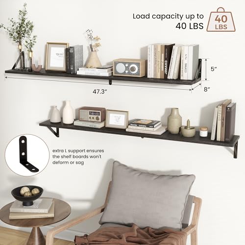 Axeman 48 Inch Floating Shelves, 8 Inch Deep Black Wall Shelves Set of 2 - color: Black, size: 47.3 Inch