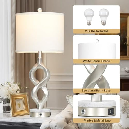Cinyirong Silver Table Lamps Set of 2 for Living Room, 30" Tall Touch Control Bedside Lamps for Bedroom Nightstand, 3-Way Dimmable Modern Sculptural Table Lamp with USB A+C Ports and 2 LED Bulbs - color: Silver (2 Pack)