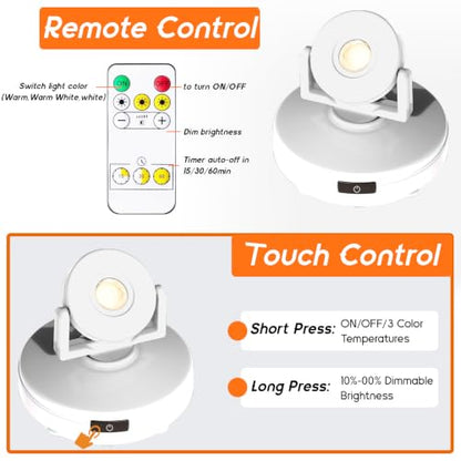 Wireless LED Spotlight Indoor, Rechargeable Uplighting with Remote Dimmable, Tree Spotlight Battery Powered Ceiling for Artwork Picture Painting Plant, 2Pack - color: White