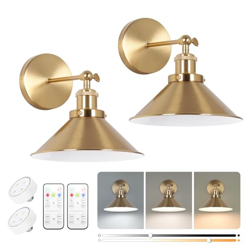 KELUOLY Battery Operated Wall Sconce Set of Two, Brushed Brass Battery Powered Wall Lighting Indoor, Cordless Metal Indoor Wall Lamp, Dimmable with Remote, Suitable for Living Room Bedroom Hallway - color: Gold