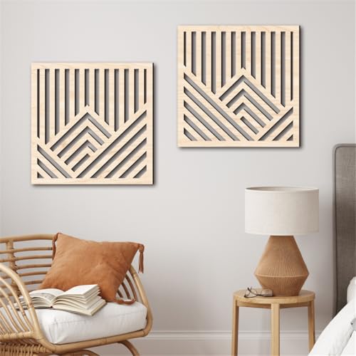 Geometric Mountain Wood Wall Art Decor, 2 Pcs Modern Mountain Wall Sculptures Wooden Square Hanging Abstract Panels, 3D Square Hollow Wood Art Wall Decor for Home Office Living Room Bedroom (Beige) - color: Beige