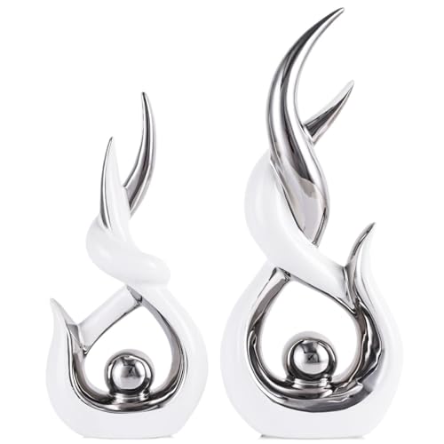 White Silver Ceramic Abstract 2 Piece Statue Set,Mid Century Modern Abstract Art Home Decor Statue Mantelpiece on Unique Shelf Decor, TV Cabinet Divider Table top and Dining Table Centerpiece - color: White Silver