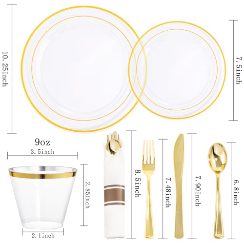 WELLIFE 210PCS Clear-Gold Plastic Plates - Dinnerware Sets for 30 Guests - 60 Disposable Plates, 90 Plastic Silverware, 30 Cups, 30 Napkins for Party - color: Clear and Gold, style: 210PCS（30 Guests）