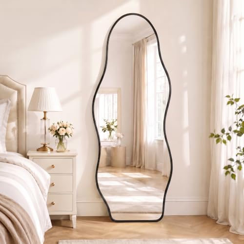 Irregular Wall Mirror Full Length with Stand, 63" x 24" Black Asymmetrical Wavy Floor Mirror, Full Body Standing Mirror, Leaning or Wall Mounted for Bedroom, Living Room & Entryway - color: Black - Squiggle
