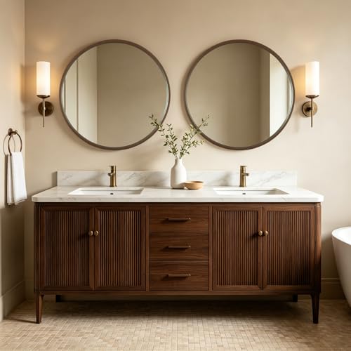 WallBeyond 36 Inch Round Wood Mirror, Large Circle Wooden Frame Wall Mirror for Bathroom, Living Room, Bedroom, Entryway (Walnut) - color: Walnut, size: 36"L x 36"W