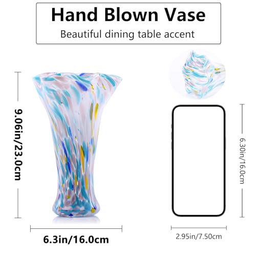 9.0" H Blue White Glass Vases for Flower, Unique Hand Blown Glass Vase - color: Multicolor Blue