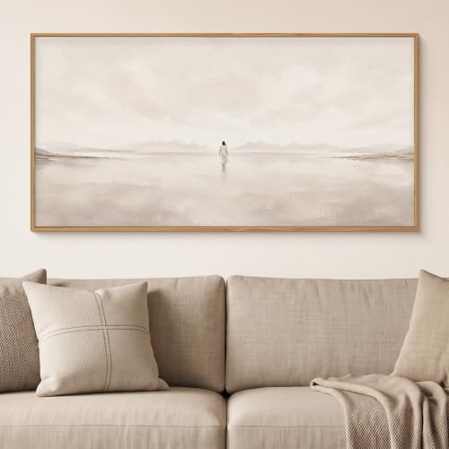 Large Abstract Jesus Christian Framed Canvas Wall Art,Neutral Beige Lake Wall Decor,Walking On Water Watercolor Art Prints,Religious Artwork for Living Room,Prayer Room,Church-20 x40 x1 - color: Christian Neutral Wall Art, size: 40"L x 20"W