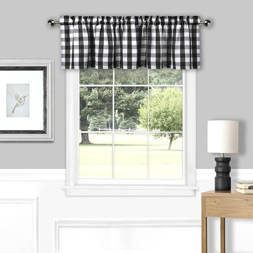 Amzdecor Black White Buffalo Plaid Valance Semi Sheer Cafe Curtain 55"x15" - color: Black/White
